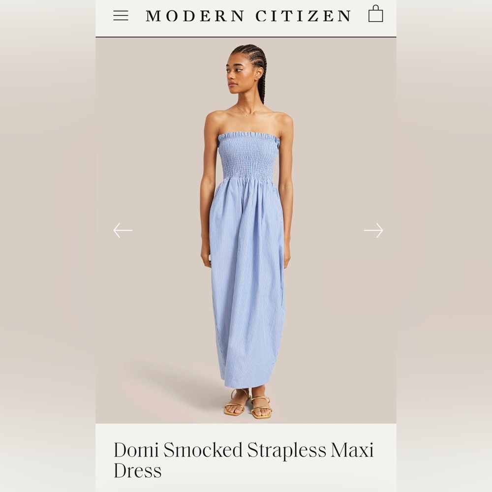 Modern Citizen Domi Smocked Strapless Maxi Dress in Cobalt Strip Size L NEW!
